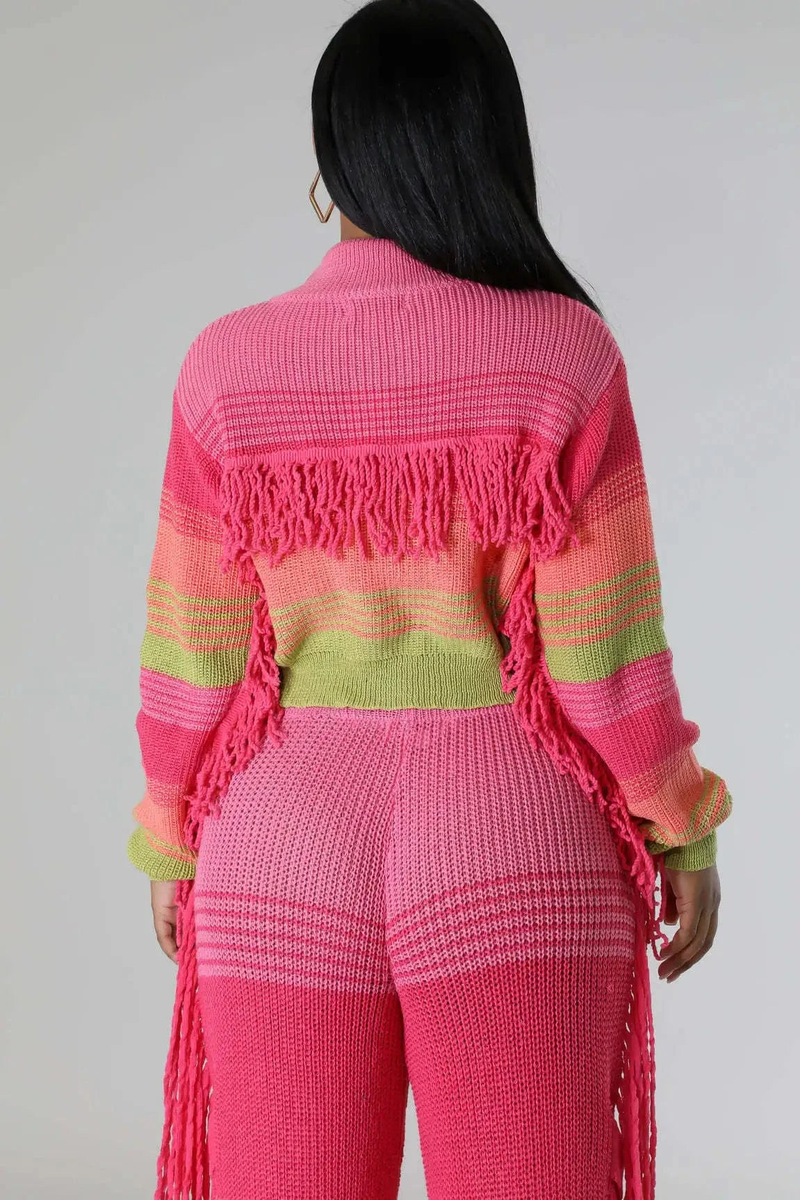 2024 Patchwork Knitted Tassel Sets Hand Crochet Women High Waist Pockets Fringed Casual Loose Sweater 2 Piece Set