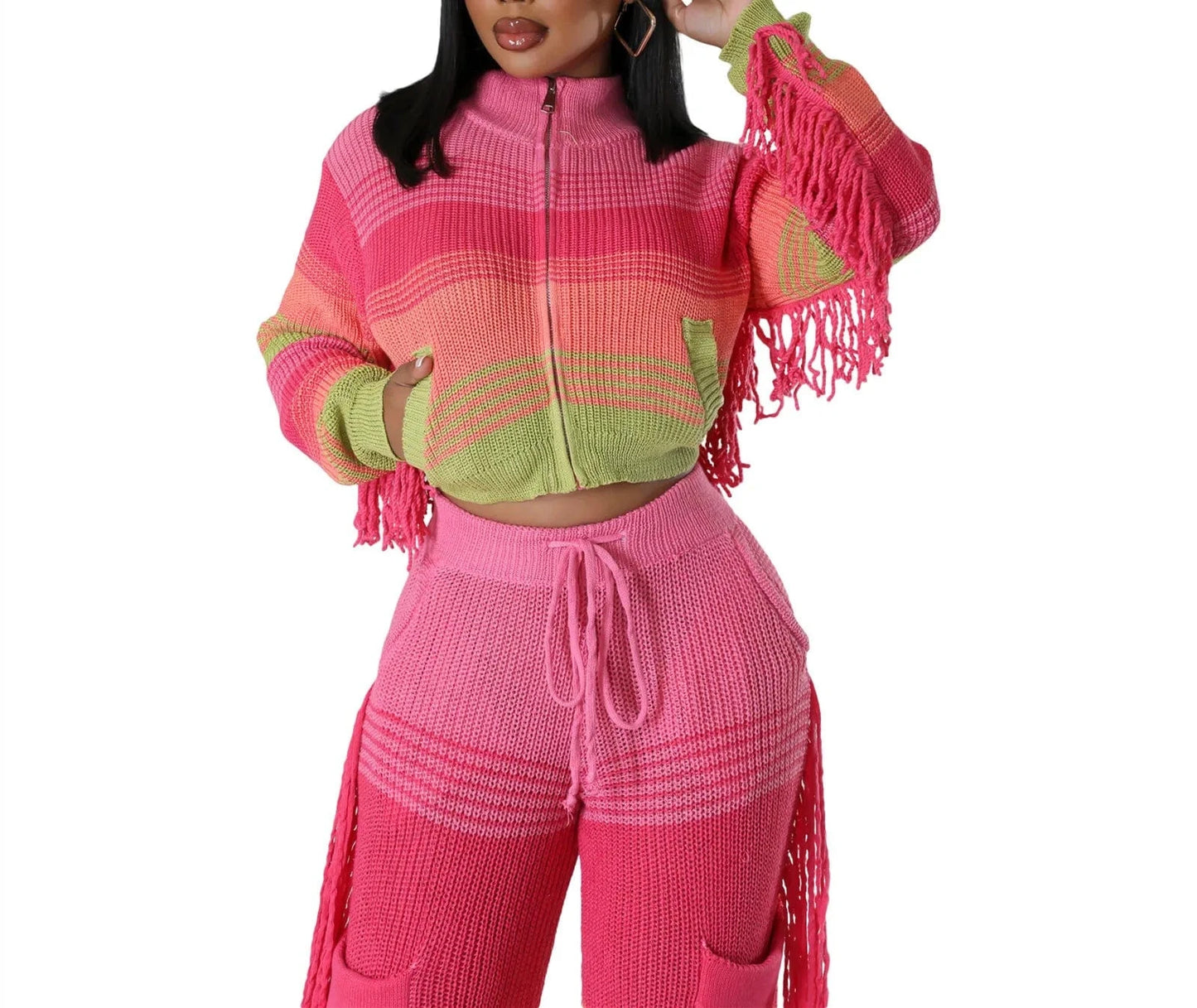 2024 Patchwork Knitted Tassel Sets Hand Crochet Women High Waist Pockets Fringed Casual Loose Sweater 2 Piece Set