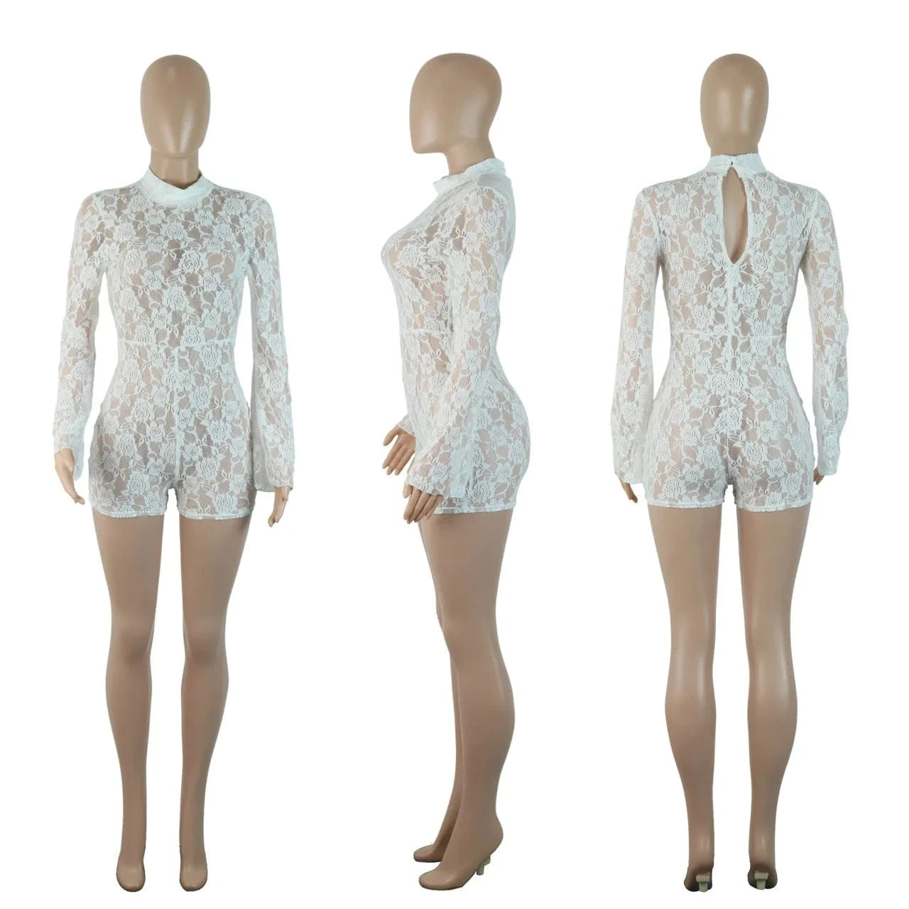 2024 Sexy See Through Flower Lace Jumpsuits New Long Sleeve Women One piece Romper For Party Night Club Bodycon Outfits