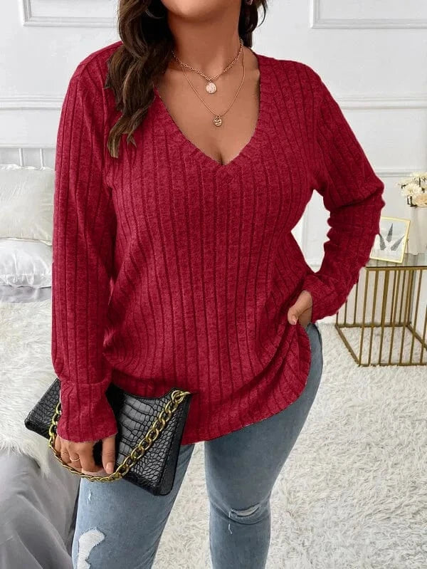 2024  Solid Color Large Size Women's top V-neck Long Sleeve Women  Autumn Winter Pit Strip Woolen  Loose Casual Sweater