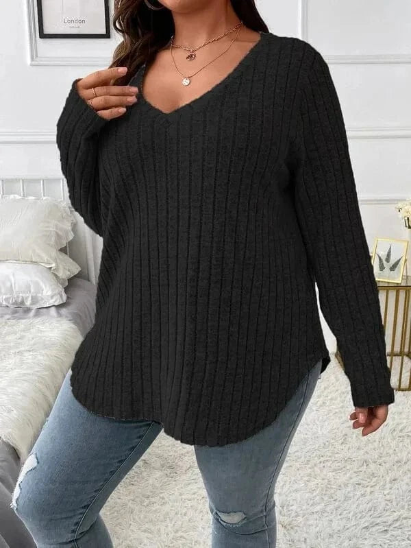 2024  Solid Color Large Size Women's top V-neck Long Sleeve Women  Autumn Winter Pit Strip Woolen  Loose Casual Sweater