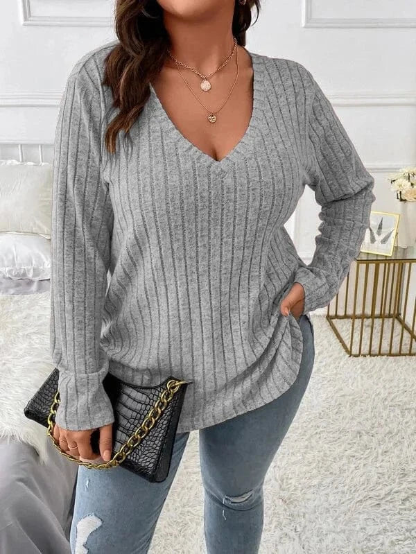 2024  Solid Color Large Size Women's top V-neck Long Sleeve Women  Autumn Winter Pit Strip Woolen  Loose Casual Sweater