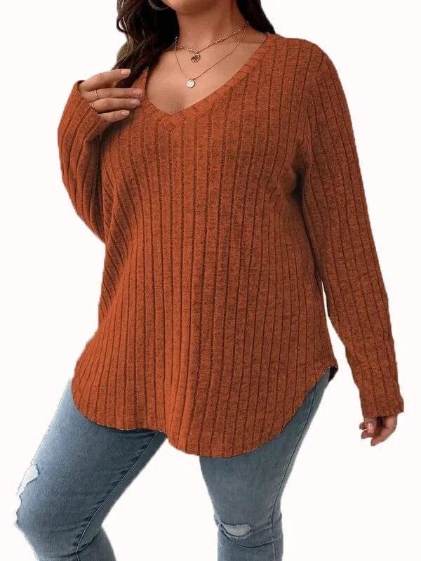 2024  Solid Color Large Size Women's top V-neck Long Sleeve Women  Autumn Winter Pit Strip Woolen  Loose Casual Sweater