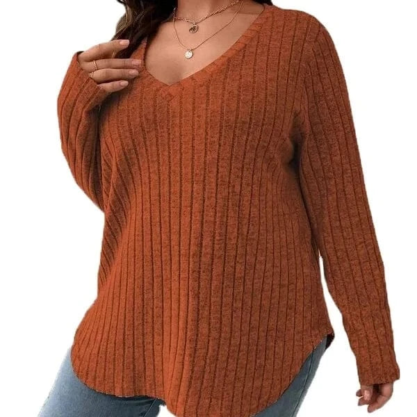 2024  Solid Color Large Size Women's top V-neck Long Sleeve Women  Autumn Winter Pit Strip Woolen  Loose Casual Sweater