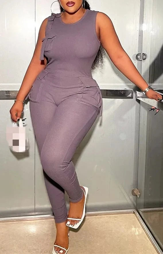 2024 Solid Crew Neck Sleeveless Jumpsuits Multi Cargo Pocket Stretchy Slim Fit One Piece Bodysuits For Women