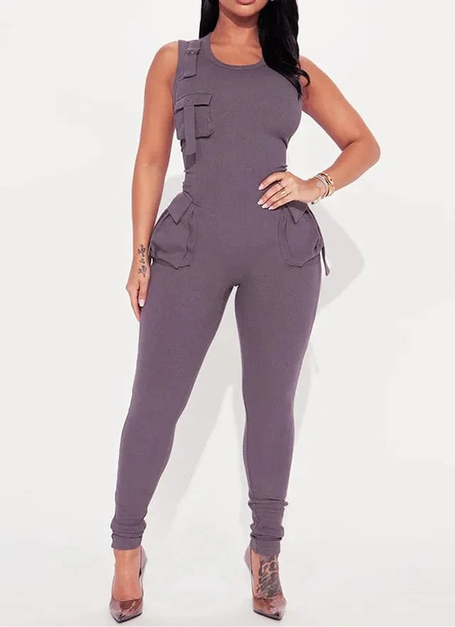 2024 Solid Crew Neck Sleeveless Jumpsuits Multi Cargo Pocket Stretchy Slim Fit One Piece Bodysuits For Women