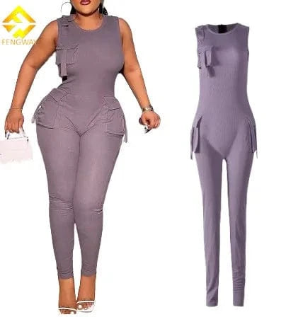 2024 Solid Crew Neck Sleeveless Jumpsuits Multi Cargo Pocket Stretchy Slim Fit One Piece Bodysuits For Women