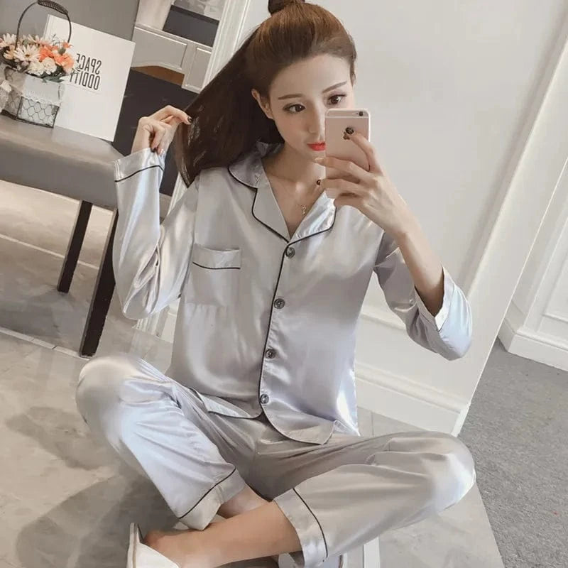 2024 Spring And Autumn New Ladies Large Size Lapel Silk Fashion Pajamas Fat Ladies Ladies Home Wear