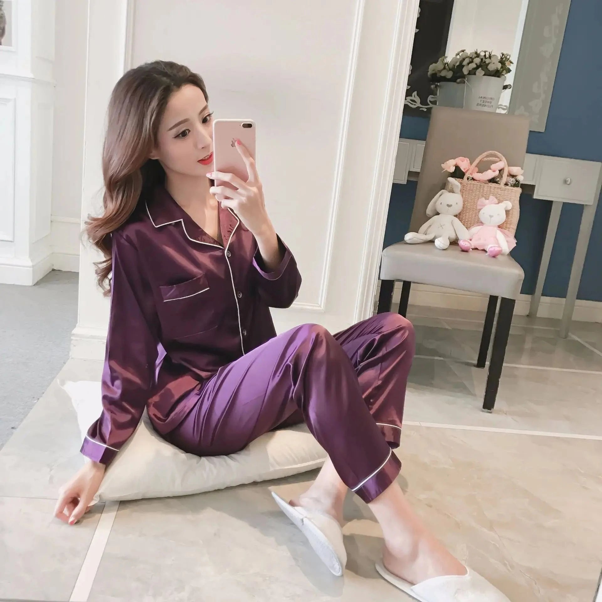 2024 Spring And Autumn New Ladies Large Size Lapel Silk Fashion Pajamas Fat Ladies Ladies Home Wear