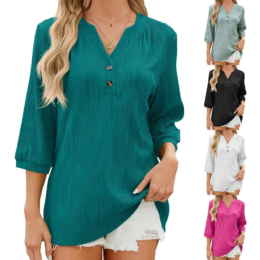 2024 Spring and Summer Casual New Fashion New Solid Color V-neck Loose Button Middle Sleeve T-shirt Women's Top