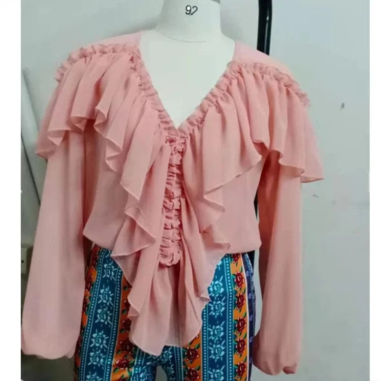 2024 Spring and Summer New Fashion Trend  Ruffled Loose V-neck Jumper chiffon White Solid Color Blouse