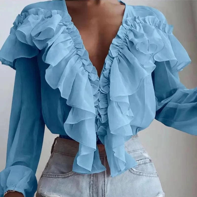 2024 Spring and Summer New Fashion Trend  Ruffled Loose V-neck Jumper chiffon White Solid Color Blouse