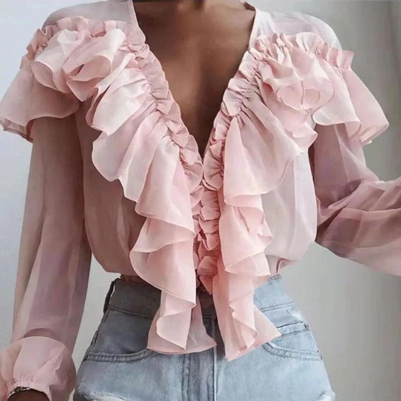 2024 Spring and Summer New Fashion Trend  Ruffled Loose V-neck Jumper chiffon White Solid Color Blouse
