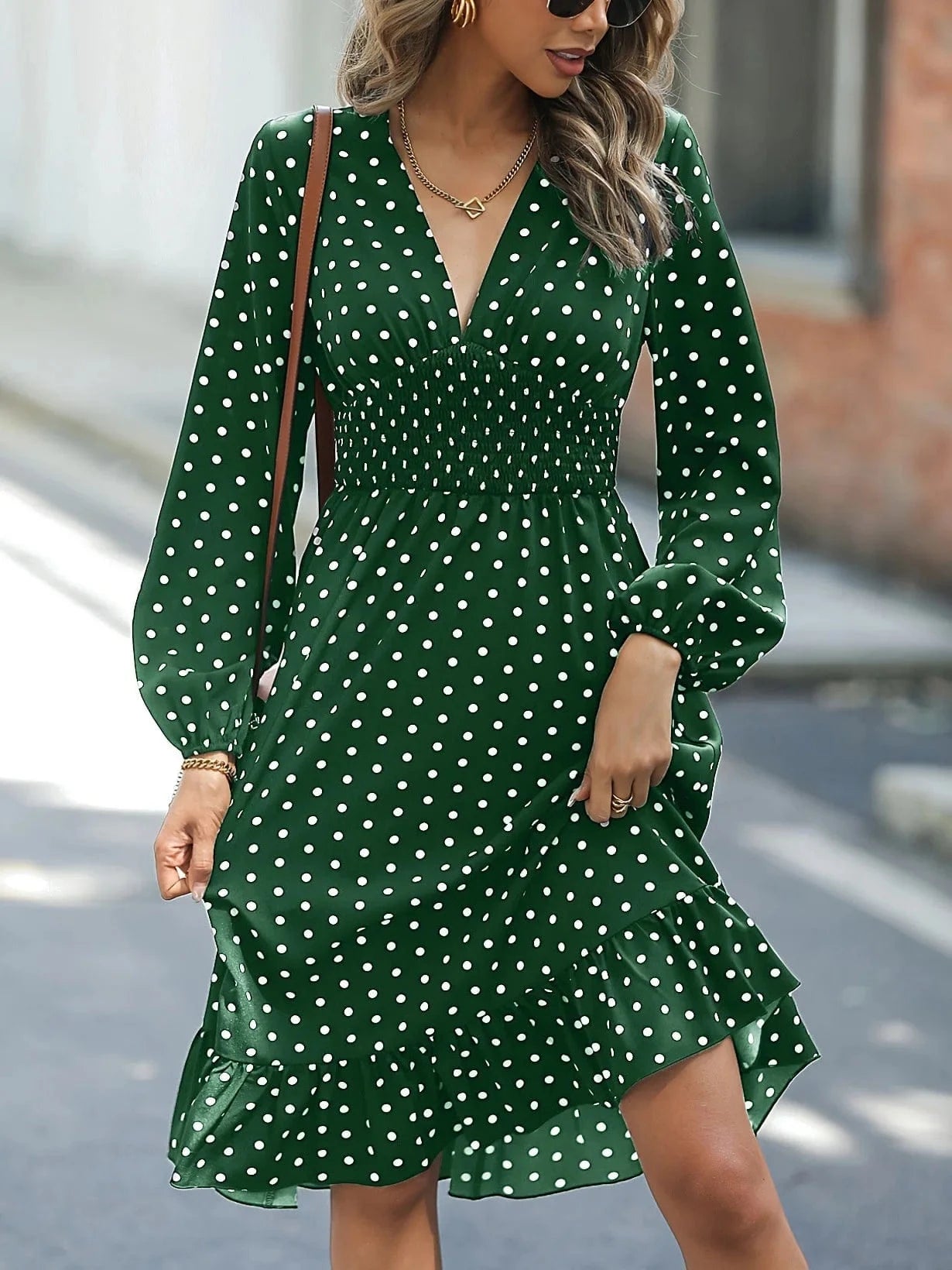 2024 Spring And Summer New Female Fashion Casual Dress Female Waist Print Thin V-neck Polka Dot Long Sleeved Lady Dresses