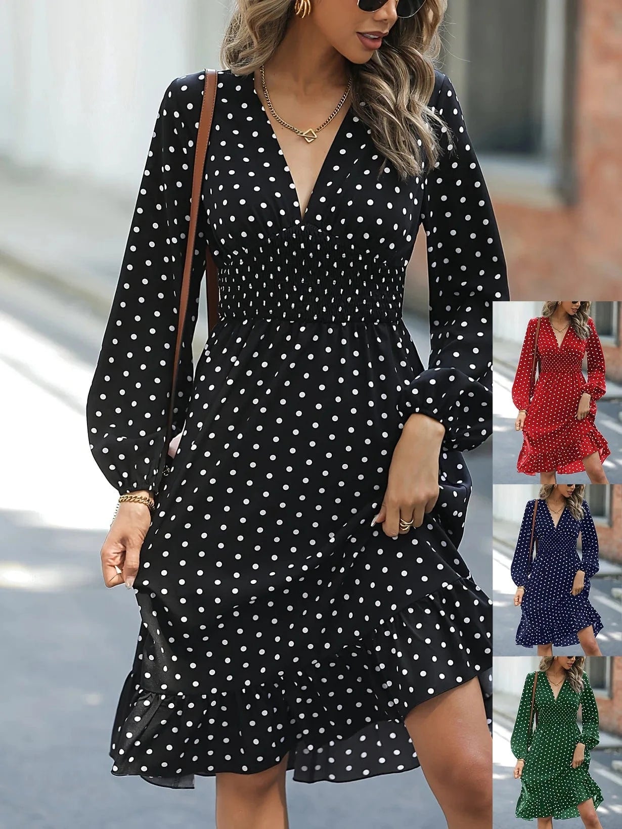 2024 Spring And Summer New Female Fashion Casual Dress Female Waist Print Thin V-neck Polka Dot Long Sleeved Lady Dresses