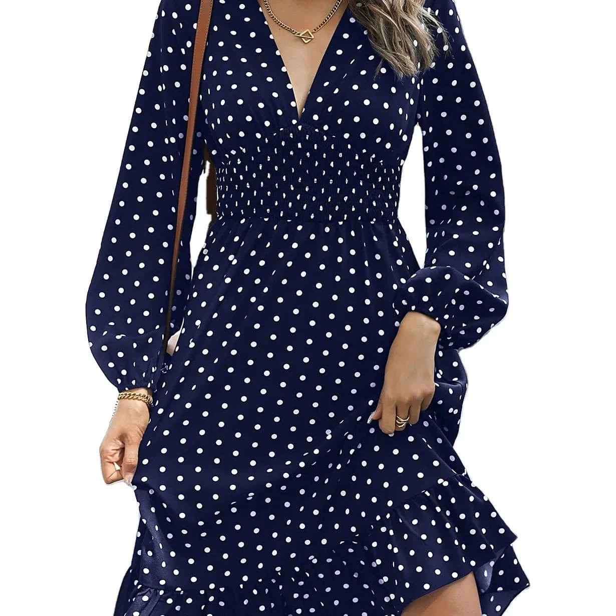 2024 Spring And Summer New Female Fashion Casual Dress Female Waist Print Thin V-neck Polka Dot Long Sleeved Lady Dresses