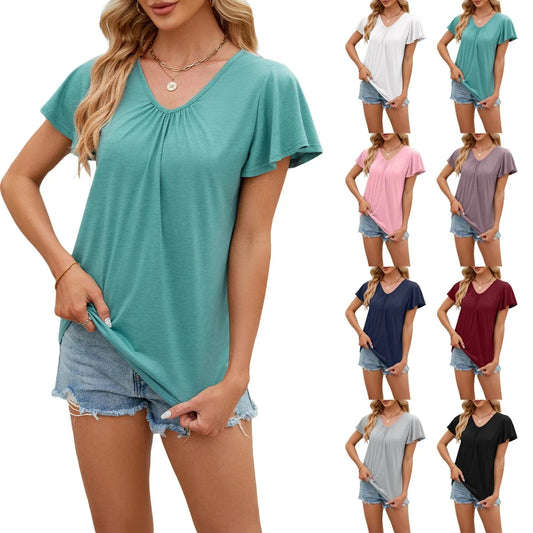 2024 Spring And Summer Women's New Solid Color V-neck T-shirt Loose Urban Casual Fashion Short-sleeved T-shirt Tops lady
