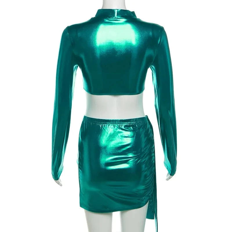 2024 Spring Autumn Women Sexy Long Sleeve Crop Tops Mini Skirts Party Club Two Piece Matching Sets