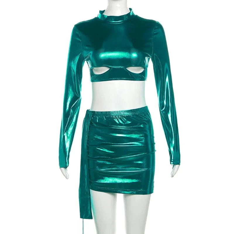 2024 Spring Autumn Women Sexy Long Sleeve Crop Tops Mini Skirts Party Club Two Piece Matching Sets