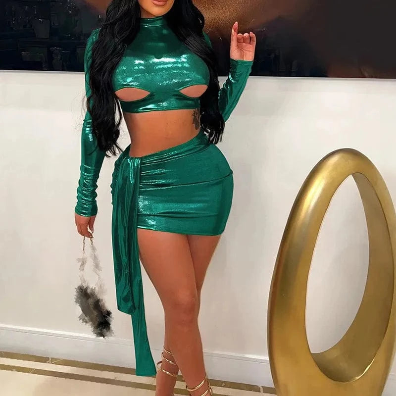 2024 Spring Autumn Women Sexy Long Sleeve Crop Tops Mini Skirts Party Club Two Piece Matching Sets