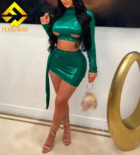 2024 Spring Autumn Women Sexy Long Sleeve Crop Tops Mini Skirts Party Club Two Piece Matching Sets