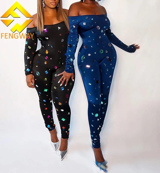 2024 Spring Diamond Printing Bodycon jumpsuit Night Club For Women Long sleeve Off Shoulder Romper