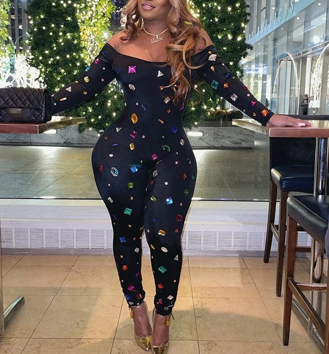 2024 Spring Diamond Printing Bodycon jumpsuit Night Club For Women Long sleeve Off Shoulder Romper