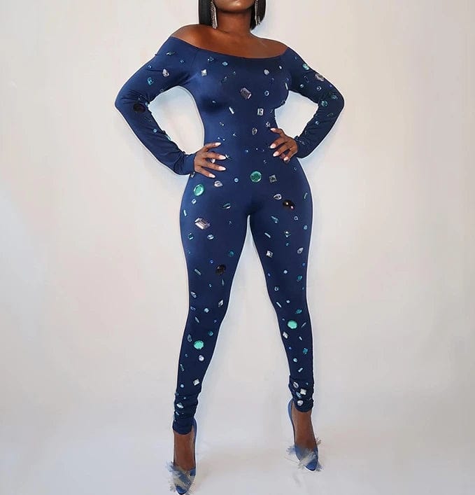 2024 Spring Diamond Printing Bodycon jumpsuit Night Club For Women Long sleeve Off Shoulder Romper