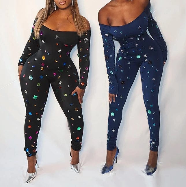 2024 Spring Diamond Printing Bodycon jumpsuit Night Club For Women Long sleeve Off Shoulder Romper