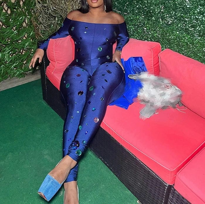 2024 Spring Diamond Printing Bodycon jumpsuit Night Club For Women Long sleeve Off Shoulder Romper