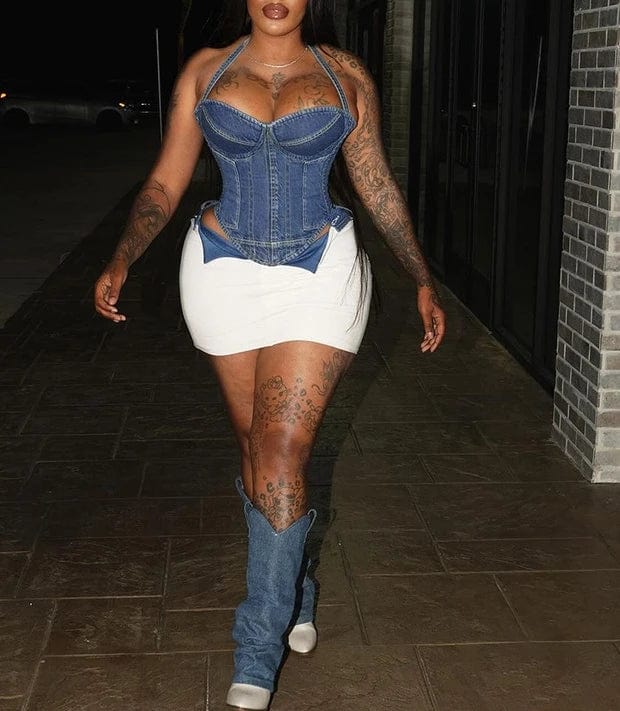 2024 Spring Fall Sexy Halter Denim Corset Bustier Women Sleeveless Night Club Party Cropped Top