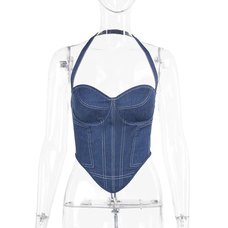 2024 Spring Fall Sexy Halter Denim Corset Bustier Women Sleeveless Night Club Party Cropped Top