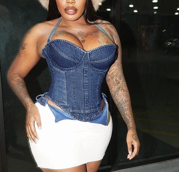 2024 Spring Fall Sexy Halter Denim Corset Bustier Women Sleeveless Night Club Party Cropped Top