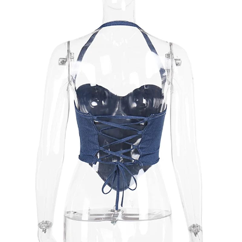 2024 Spring Fall Sexy Halter Denim Corset Bustier Women Sleeveless Night Club Party Cropped Top
