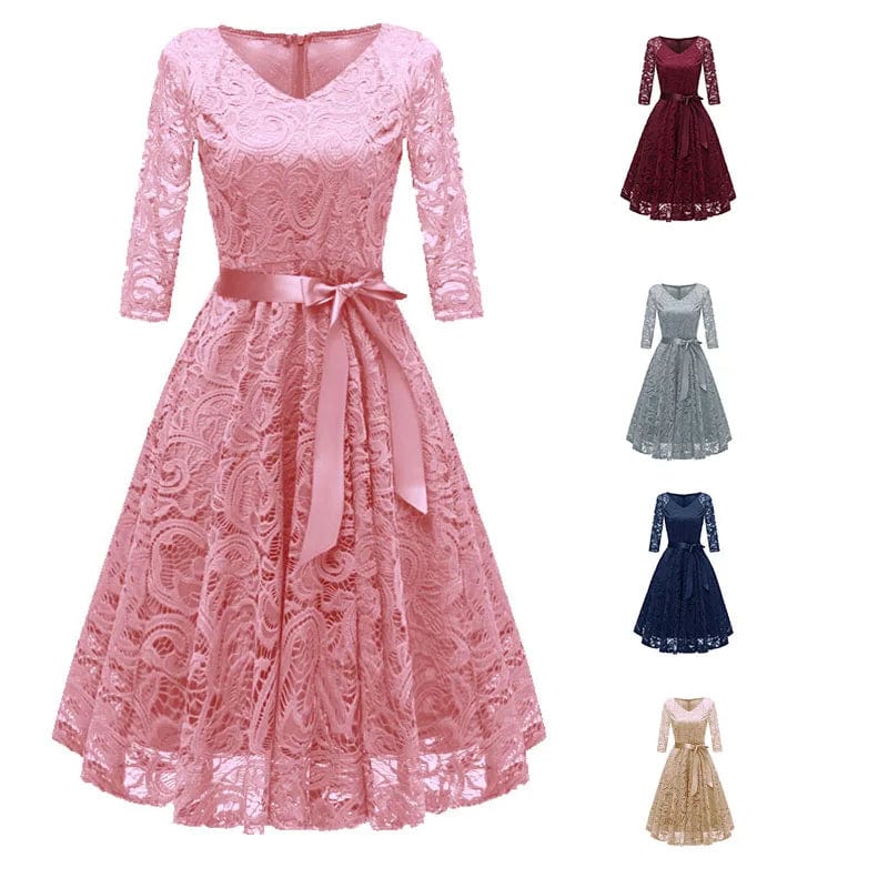 2024 Spring Festival women's lace long sleeve V-neck dress Women's sexy lace hollow dress Party Dress