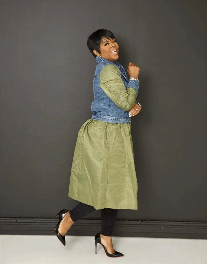 2024 spring ladies women elegant casual denim jeans patchwork long sleeve maxi long loose design fitting midi dress for women