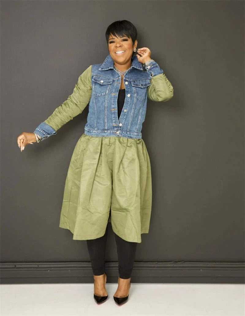 2024 spring ladies women elegant casual denim jeans patchwork long sleeve maxi long loose design fitting midi dress for women