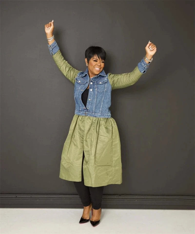 2024 spring ladies women elegant casual denim jeans patchwork long sleeve maxi long loose design fitting midi dress for women