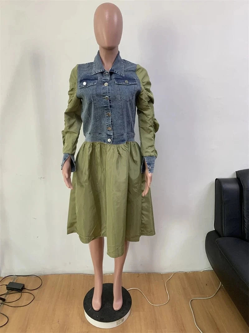 2024 spring ladies women elegant casual denim jeans patchwork long sleeve maxi long loose design fitting midi dress for women