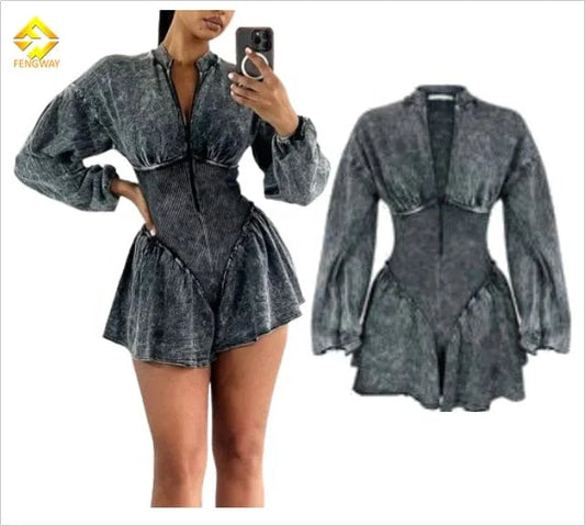 2024 Spring Long Sleeve One Piece Jumpsuit Zip Up Corset Short Jumpsuits Vintage Acid Washed Denim woman Jumpsuits