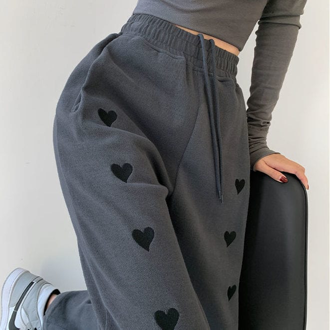 2024 Spring New Embroidered Love Sports Pants Women'S Drawstring Drawstring High Waist Loose Casual Straight Wide Leg Pants