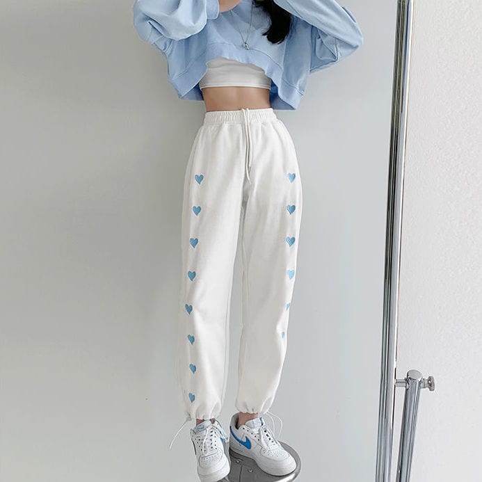 2024 Spring New Embroidered Love Sports Pants Women'S Drawstring Drawstring High Waist Loose Casual Straight Wide Leg Pants