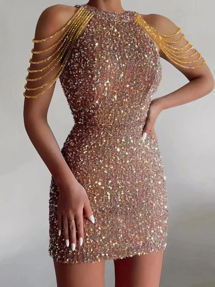 2024 Spring Summer Sequins Dresses Women's Hanging Neck Sleeveless Sexy Crystal Tassel Pencil Slim Glitter Mid Waist Party Dress