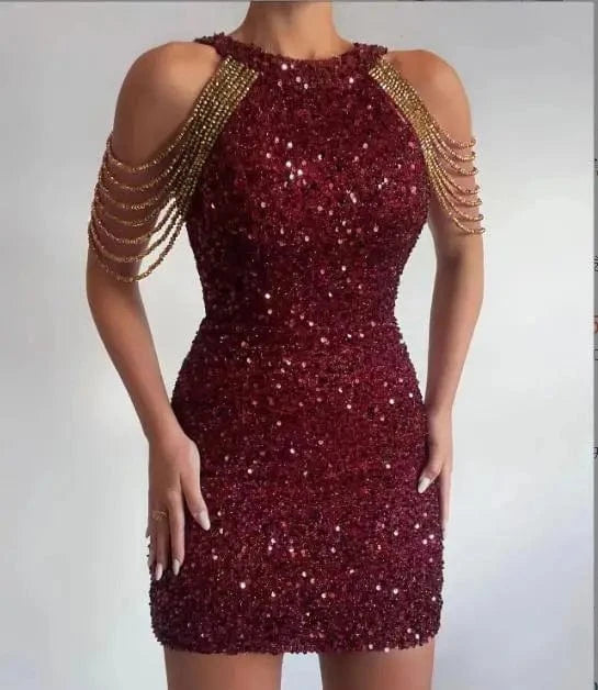 2024 Spring Summer Sequins Dresses Women's Hanging Neck Sleeveless Sexy Crystal Tassel Pencil Slim Glitter Mid Waist Party Dress