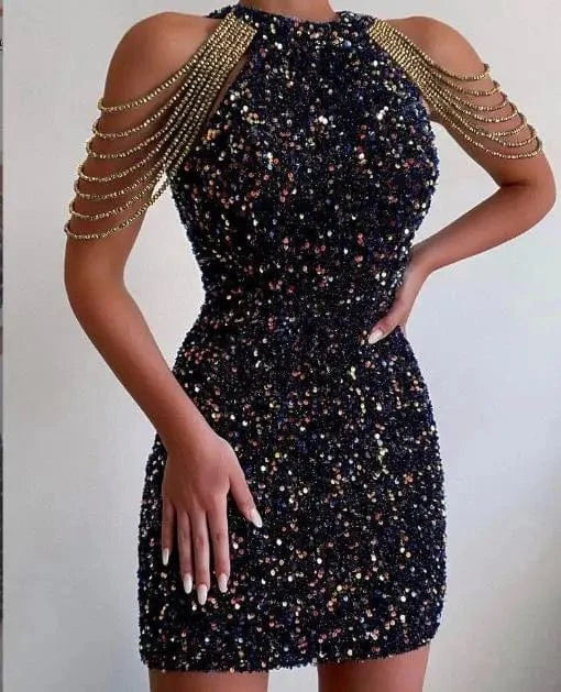 2024 Spring Summer Sequins Dresses Women's Hanging Neck Sleeveless Sexy Crystal Tassel Pencil Slim Glitter Mid Waist Party Dress