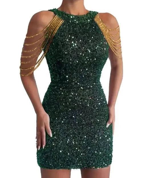2024 Spring Summer Sequins Dresses Women's Hanging Neck Sleeveless Sexy Crystal Tassel Pencil Slim Glitter Mid Waist Party Dress