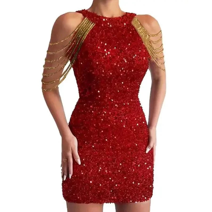 2024 Spring Summer Sequins Dresses Women's Hanging Neck Sleeveless Sexy Crystal Tassel Pencil Slim Glitter Mid Waist Party Dress