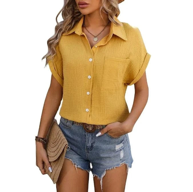 2024 Spring Summer Shirts Tops Wrinkled Fabric Women's Solid Color Short Sleeve Turn-down Collar Fashion Loose Casual Shirt