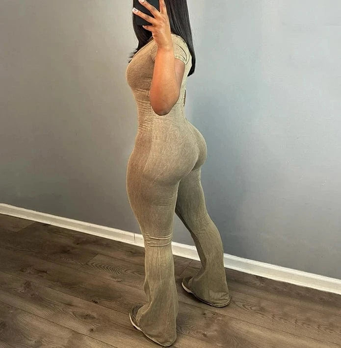 2024 Spring summer Short Sleeve Flare Jumpsuits Solid color Outfits For Woman Casual All In One Jumpsuit Women