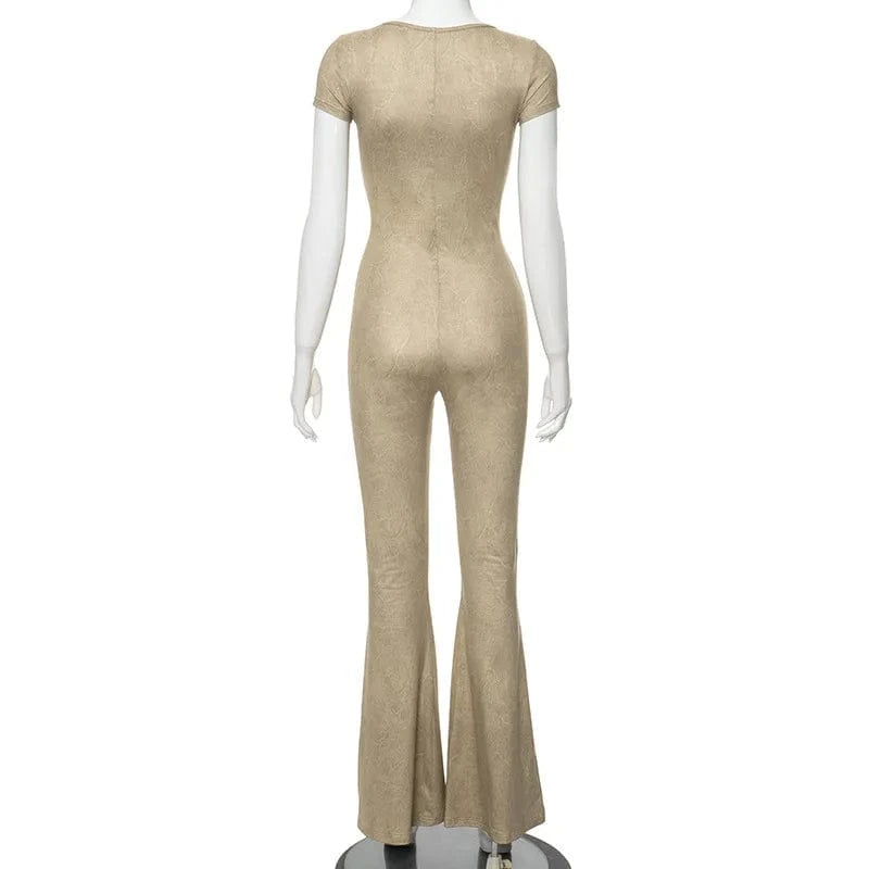 2024 Spring summer Short Sleeve Flare Jumpsuits Solid color Outfits For Woman Casual All In One Jumpsuit Women